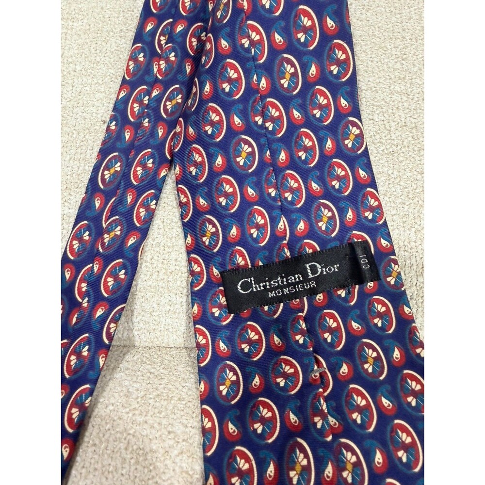 Vintage Christian Dior Monsieur Silk Necktie Blue Red Paisley Medallion Designer
